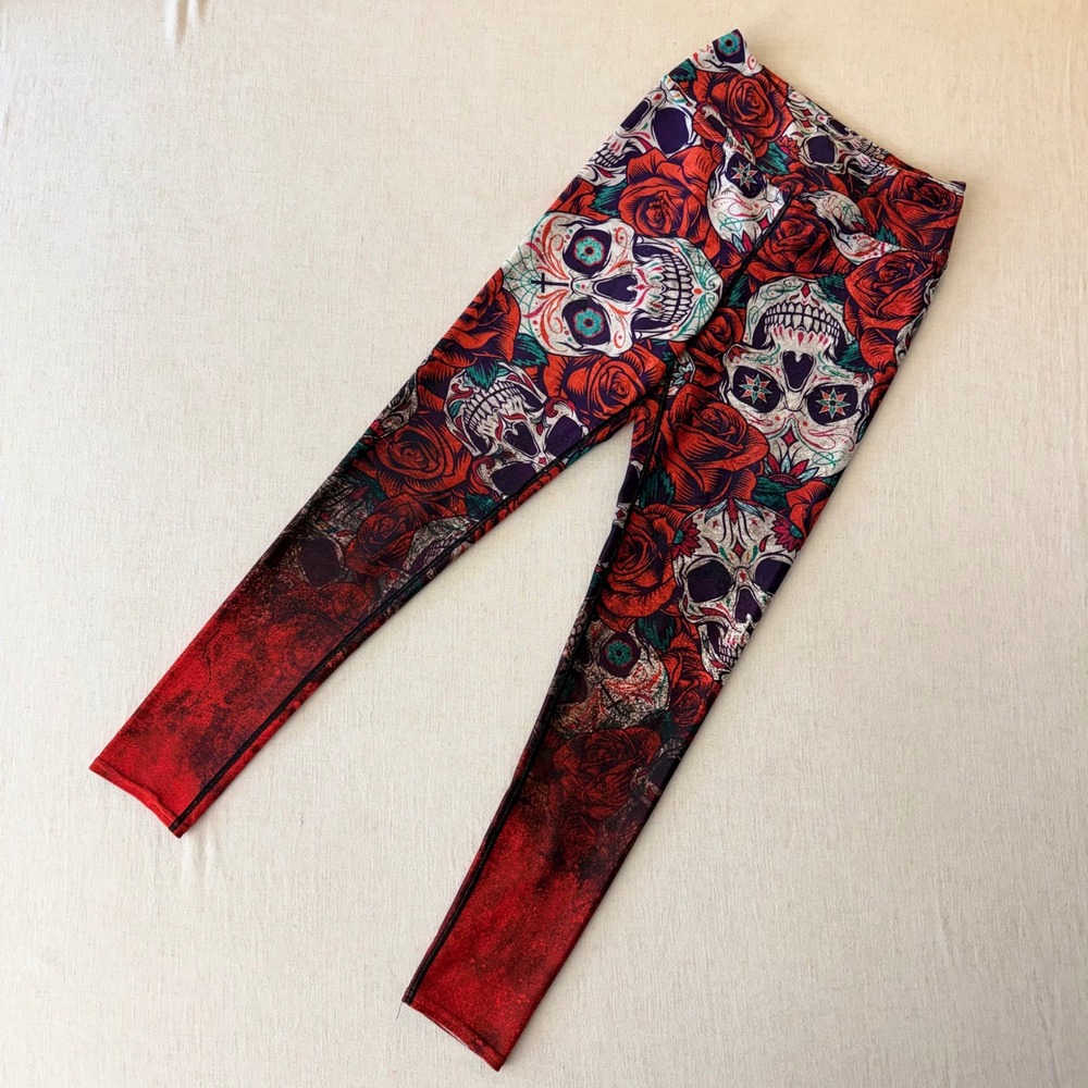 Vastitch Womens Sugar Skull Rose Print Leggings Medium‎ Red Black Yoga Gym